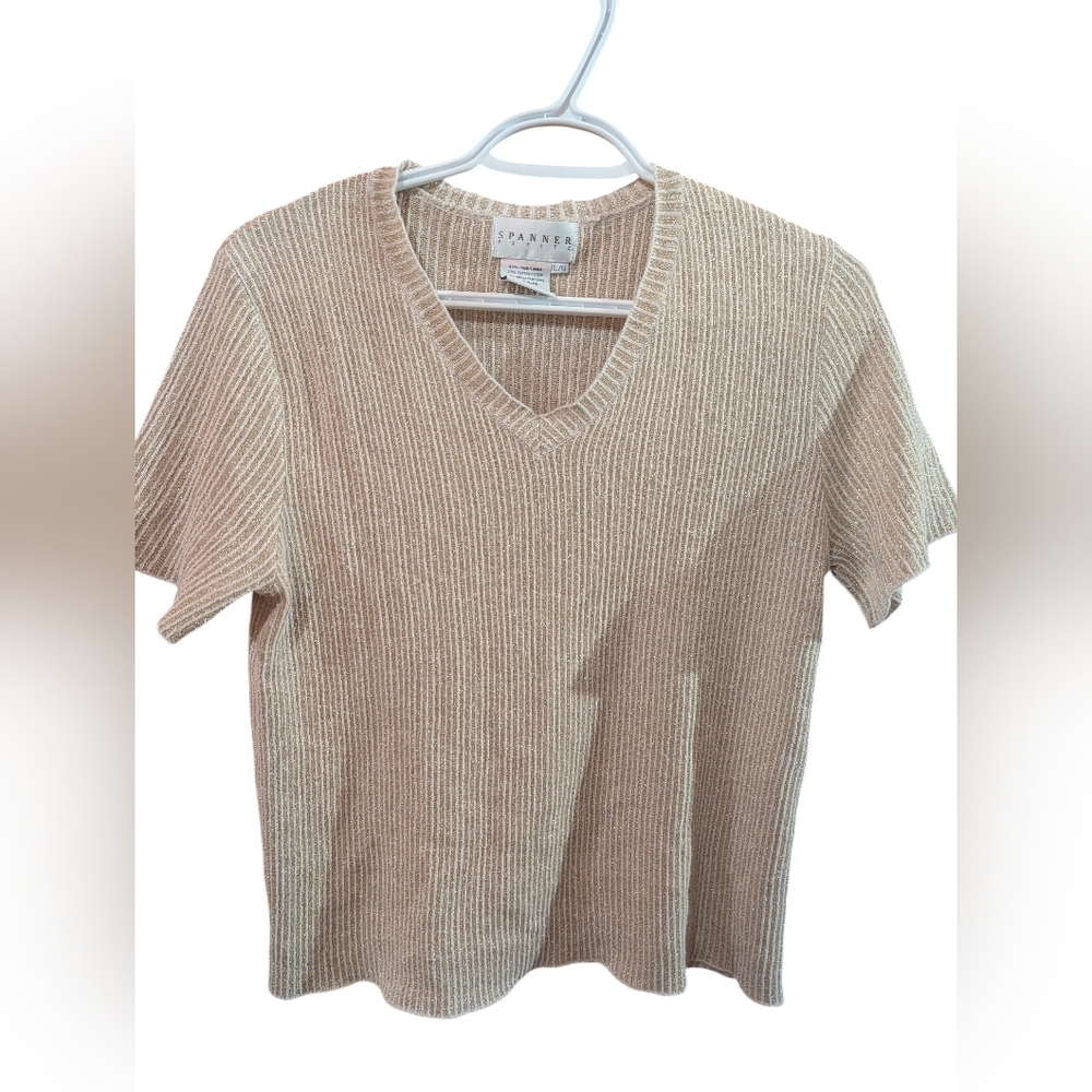 Spanner Beige Gold Glitter  Ribbed Knit Top